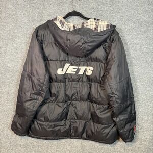 NFL New York Jets Puffer Jacket Mens XL Black Y2K‎ Hooded Fleece Lined Pro Line